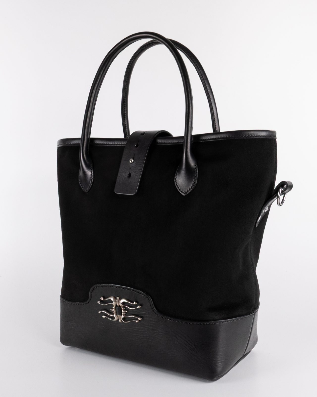Black tote bag with silver flame hardware