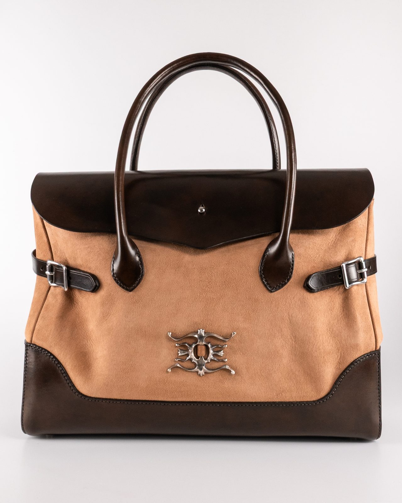 Suede handbag with silver hardware