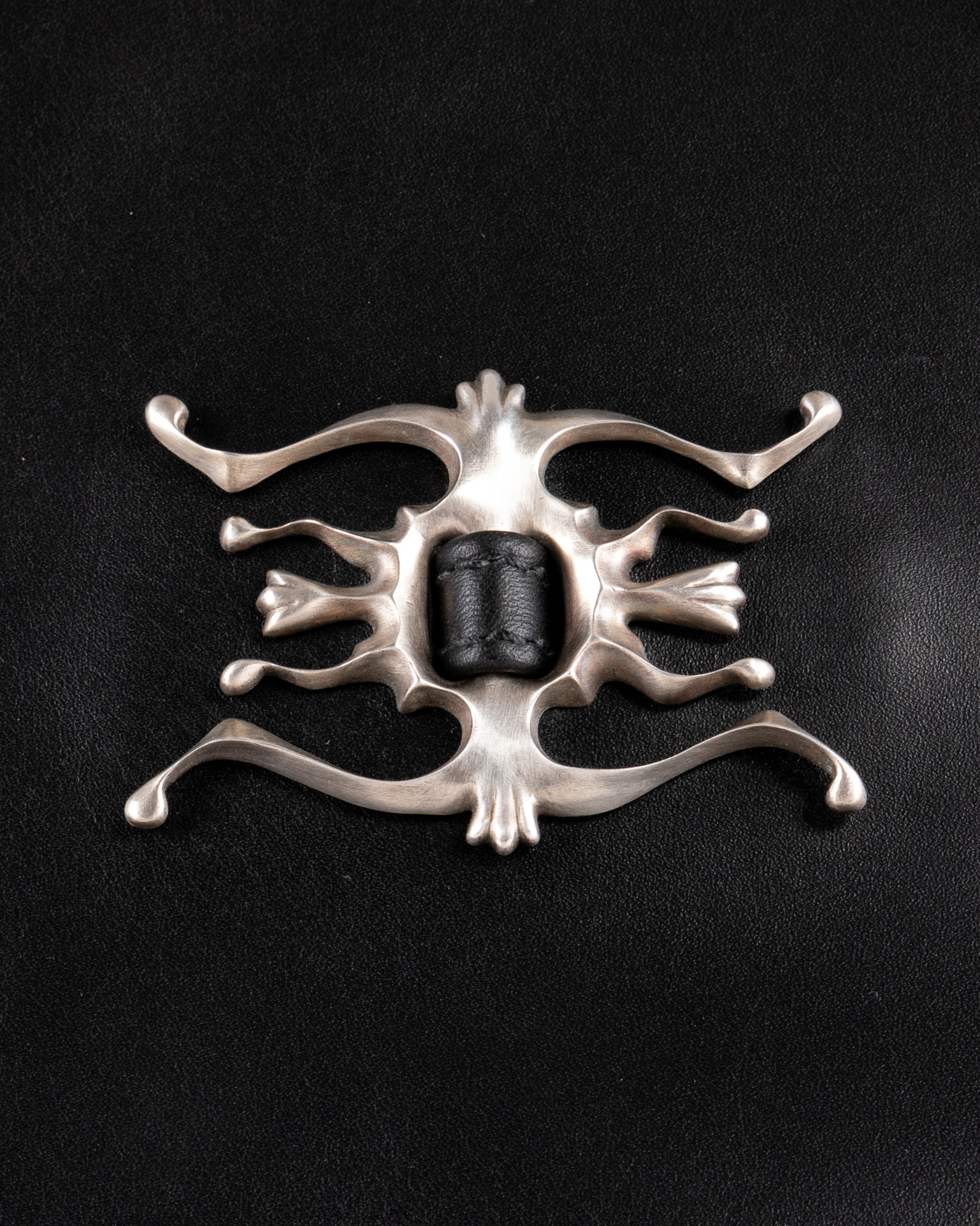 Silver ornament on black leather